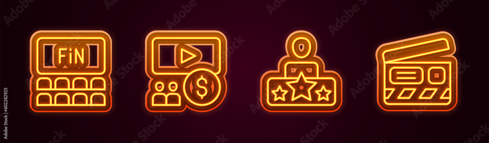 Set line Cinema auditorium with screen, Actor star and Movie clapper. Glowing neon icon. Vector