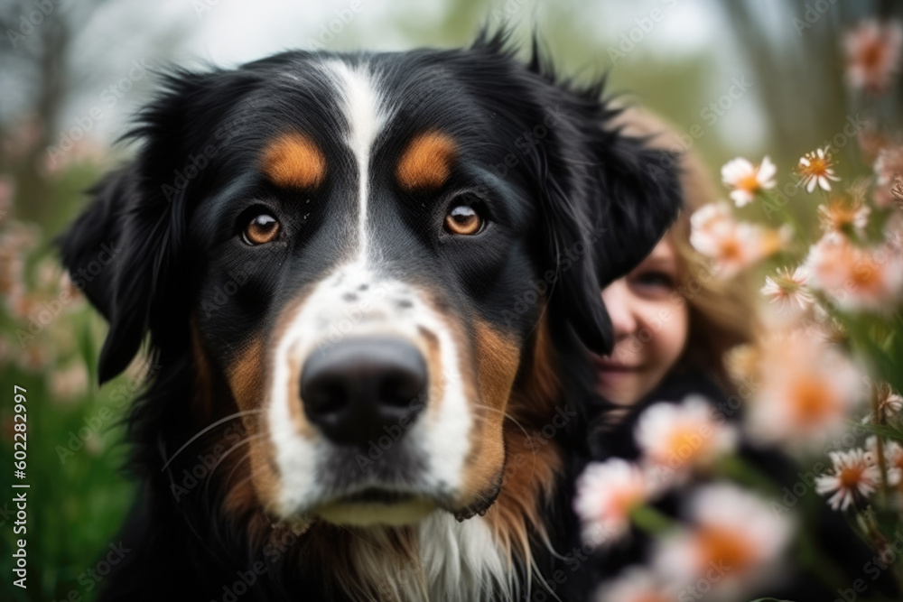 Young woman with her dog bernese shepherd outdoors