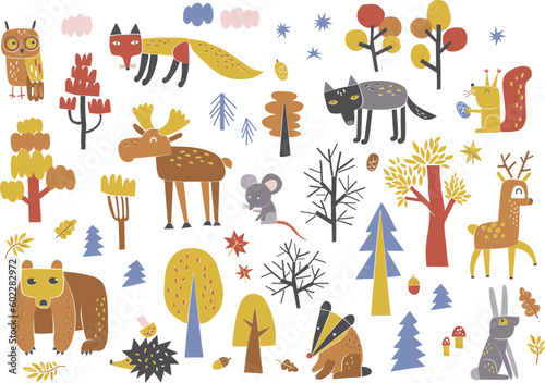 Autumn forest animals and trees shape cutouts style vector clip-art set isolated on white. Bear, hare, fox, owl, moose, wolf, deer, squirrel, badge, hedgehog kid illustration collection. Childish
