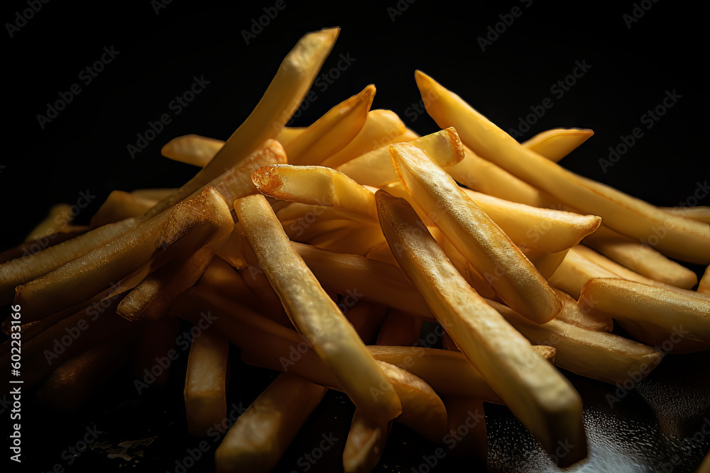 French fries on dark background. Iconic fast food, crispy golden fries
