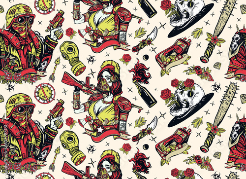 Post apocalyptic man warrior, soldier woman. People, weapon of dark future. Post apocalypse. Nuclear war background. Doomsday girl and gun, end of world. Seamless pattern