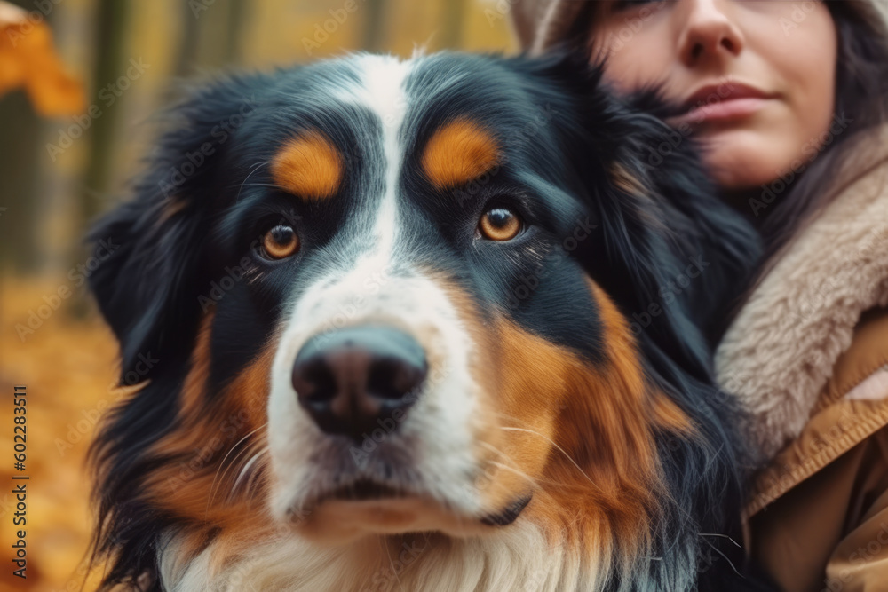 Close up of a woman hugging her dog bernese shepherd in a autumn forest