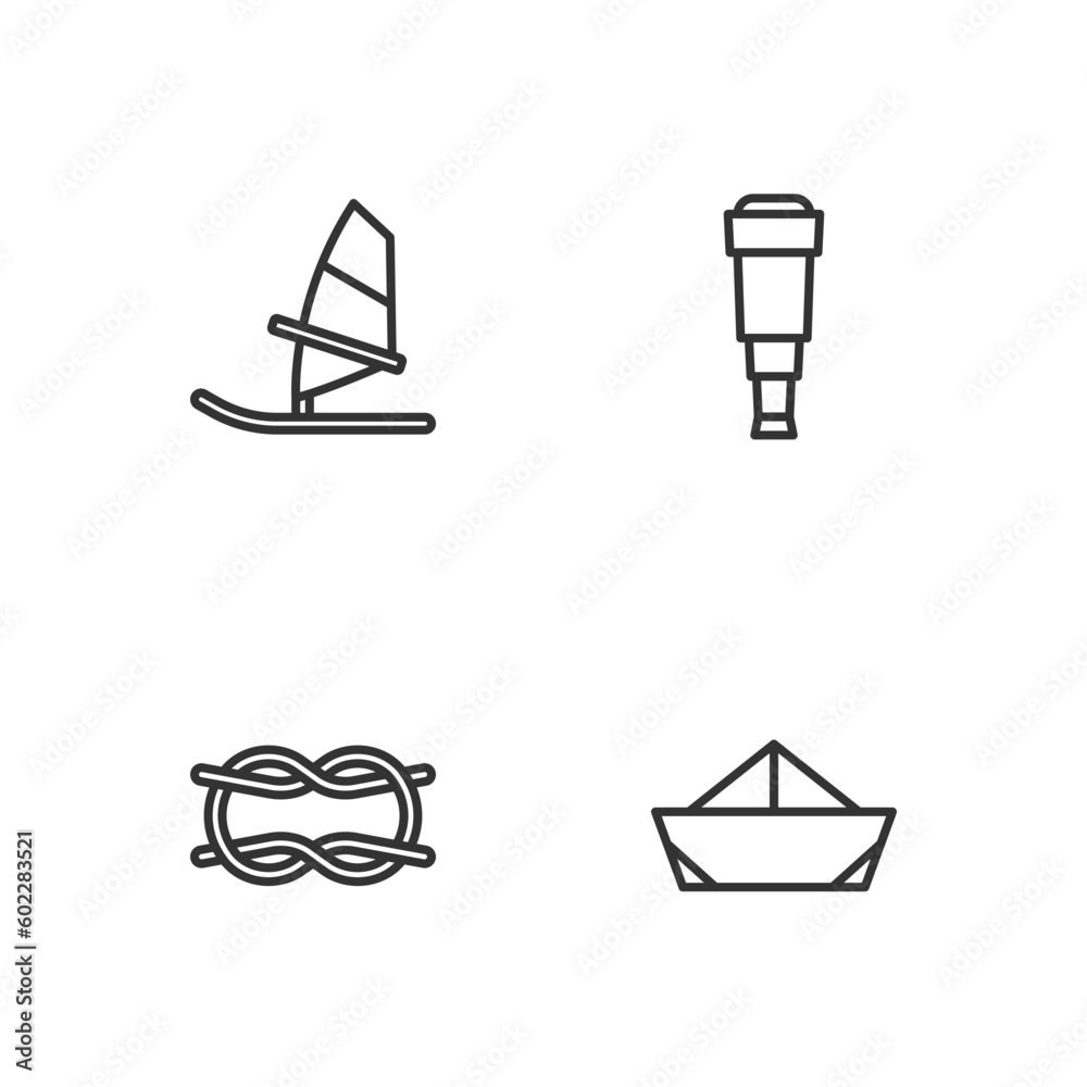 Set line Folded paper boat, Nautical rope knots, Windsurfing and Spyglass telescope lens icon. Vector Set line Folded paper boat, Nautical rope knots, Windsurfing and Spyglass telescope lens icon. Vector