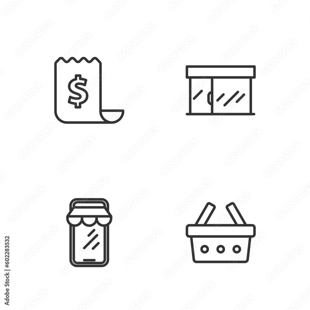 Set line Shopping basket, Online shopping on phone, Paper check and financial check and Market store icon. Vector Set line Shopping basket, Online shopping on phone, Paper check and financial check and Market store icon. Vector