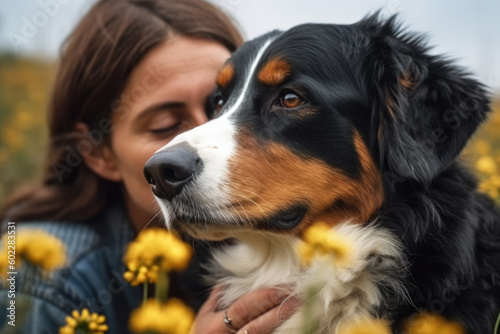 Young woman with her dog bernese shepherd outdoors