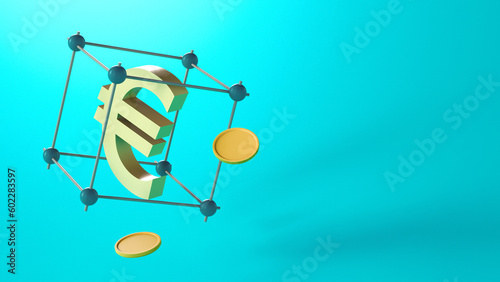Euro symbol is hidden in a symbolic cage on a blue background with coins. Place for text and logo. 3D rendering