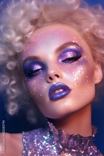 closeup editorial of beautiful woman s face with glitter makeup  curly blonde hair in studio lighting  made with generative ai