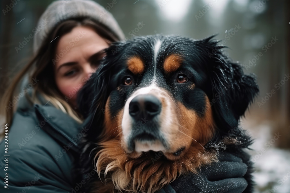 Woman hugging her dog bernese shepherd in a pine forest in winter, close up