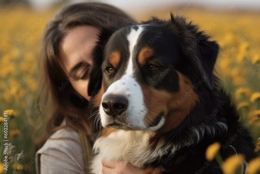 Young woman with her dog bernese shepherd outdoors