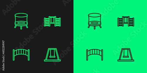 Set line Swing for kids, Playground bridge, Jumping trampoline and Swedish wall icon. Vector