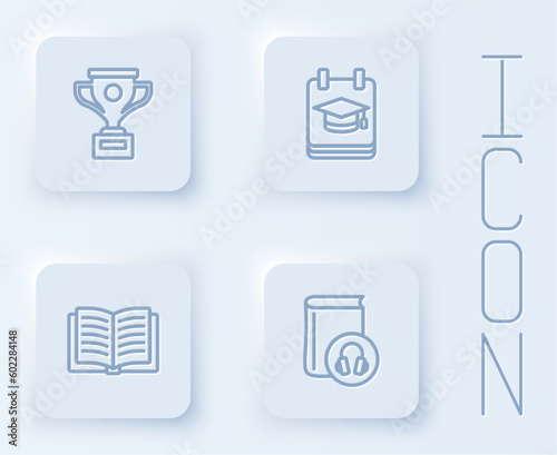 Set line Award cup, Online education, Open book and Audio. White square button. Vector