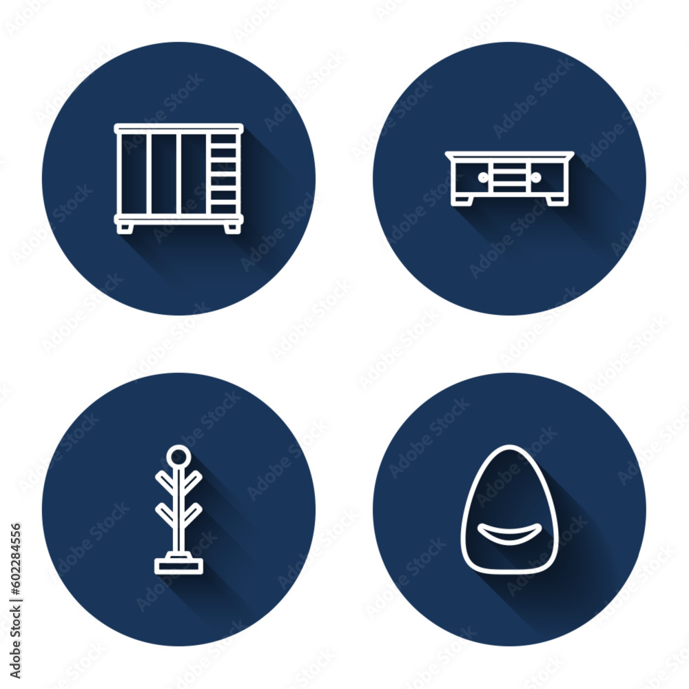Set line Wardrobe, TV table stand, Coat and Pouf with long shadow. Blue circle button. Vector Set line Wardrobe, TV table stand, Coat and Pouf with long shadow. Blue circle button. Vector