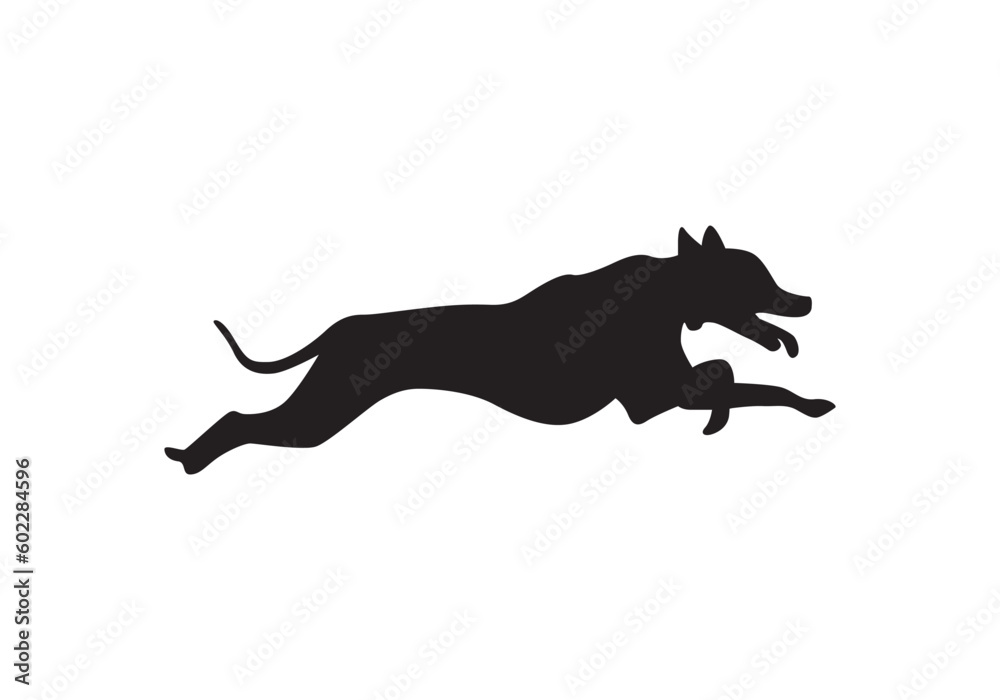 Running dog silhouette vector isolated on white. Dog jumping. 