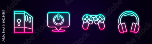 Set line Case of computer, Power button, Game controller or joystick and Headphones. Glowing neon icon. Vector