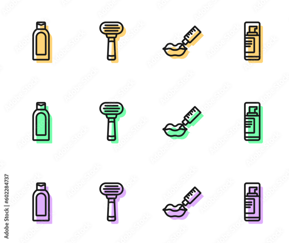 Set line Lip augmentation, Bottle of shampoo, Shaving razor and gel foam icon. Vector Set line Lip augmentation, Bottle of shampoo, Shaving razor and gel foam icon. Vector