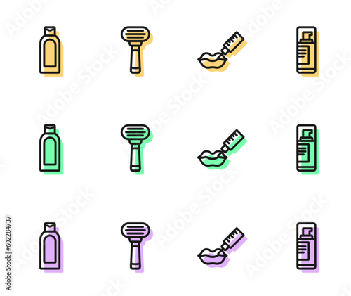 Set line Lip augmentation, Bottle of shampoo, Shaving razor and gel foam icon. Vector