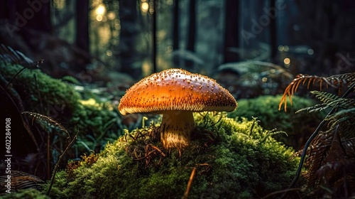 Big mushroom on moss covered rock on ground in forest area with backlight and moody mood. Generative AI