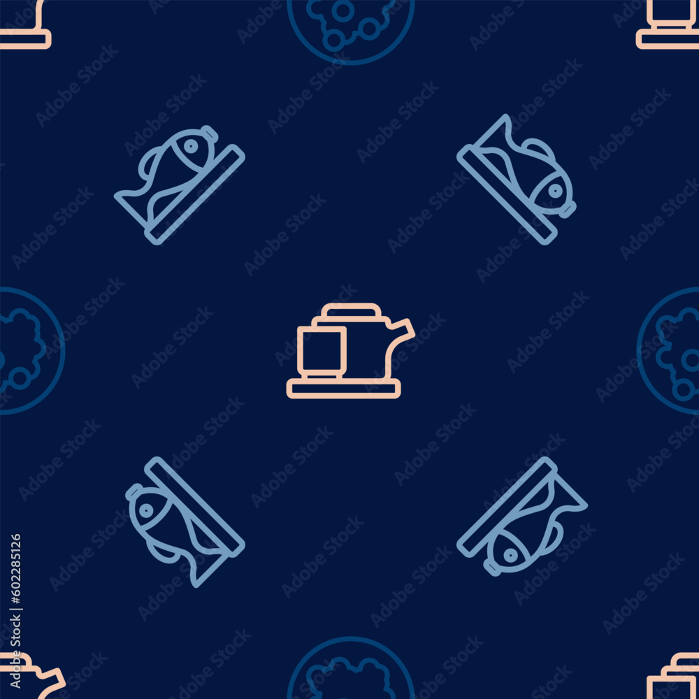 Set line Rice in a bowl, Served fish on plate and Traditional tea ceremony on seamless pattern. Vector Set line Rice in a bowl, Served fish on plate and Traditional tea ceremony on seamless pattern. Vector