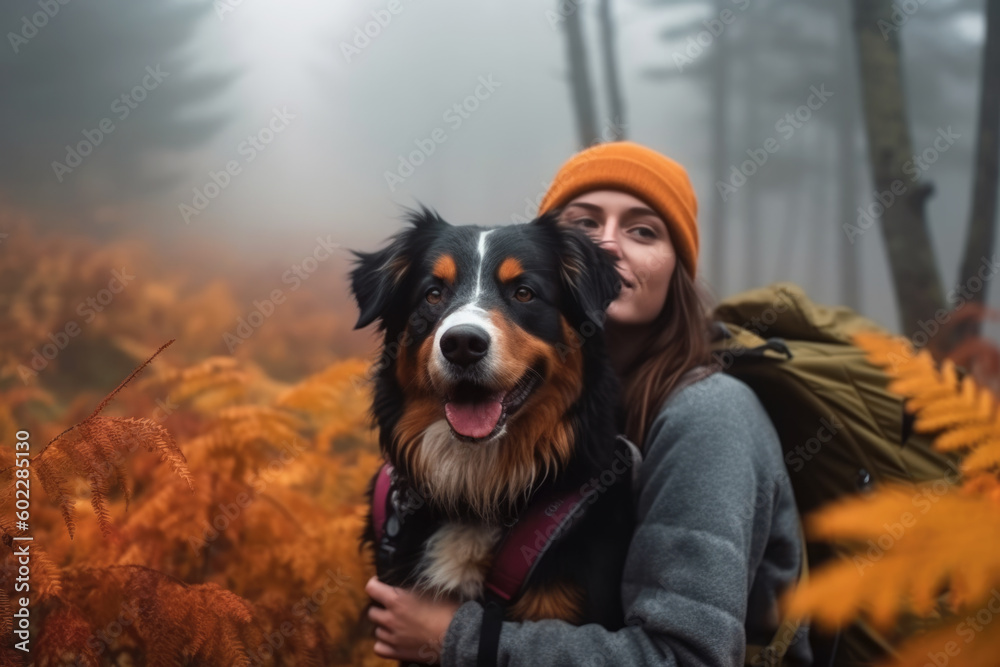 Young woman with her dog bernese shepherd in a foggy autumn forest