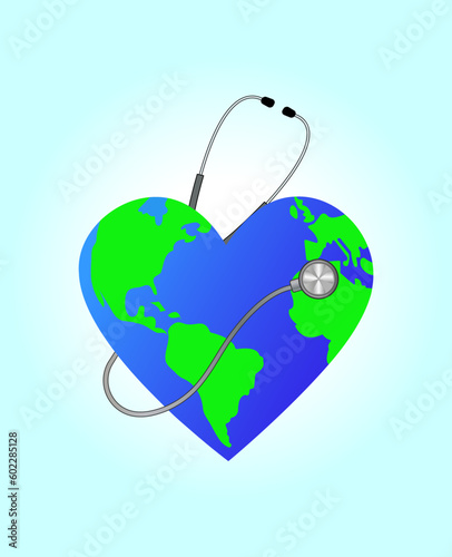 
Vector design of heart and stethoscope. Illustration for World Health Day. Planet in the shape of a heart. Design for postcard, print, banner, text. Background with gradient.