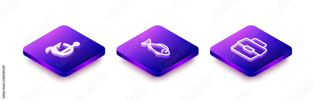 Set Isometric line Fishing hook and worm, and Case box for fishing icon. Vector Set Isometric line Fishing hook and worm, and Case box for fishing icon. Vector