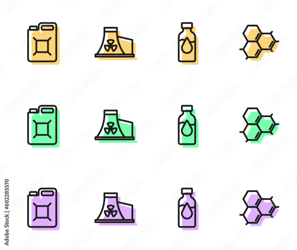 Set line Oil petrol test tube, Canister for gasoline, Nuclear power plant and Molecule oil icon. Vector Set line Oil petrol test tube, Canister for gasoline, Nuclear power plant and Molecule oil icon. Vector