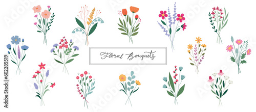 Floral bouquets, botanical set - leaves, plants, flowers. Cute hand drawn style. Colorful stroked