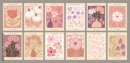 Boho Floral posters with for your design. Hand drawn Groovy prints with flowers and leaves. Postcards bohemian theme,