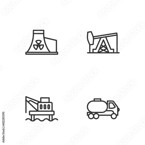 Set line Tanker truck, Oil platform in the sea, Nuclear power plant and pump pump jack icon. Vector