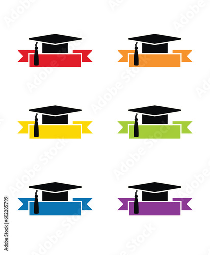 Graduation cap and ribbon. Graduation symbols. Vector illustration. 