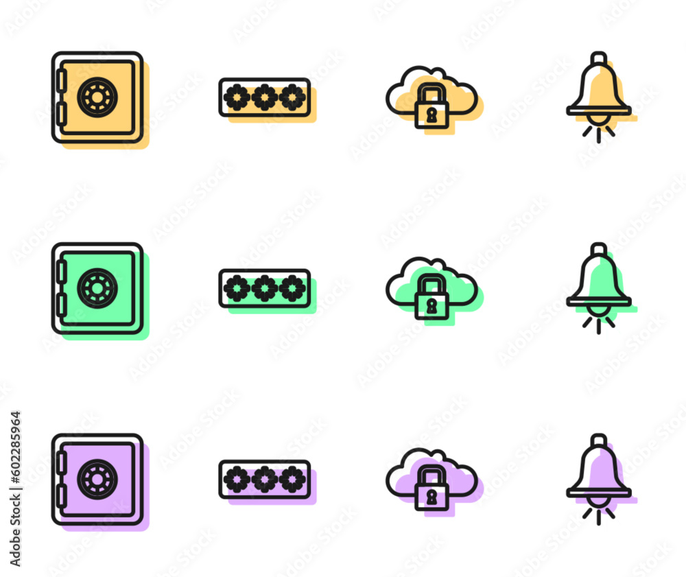 Set line Cloud computing lock, Safe, Password protection and Ringing alarm bell icon. Vector Set line Cloud computing lock, Safe, Password protection and Ringing alarm bell icon. Vector