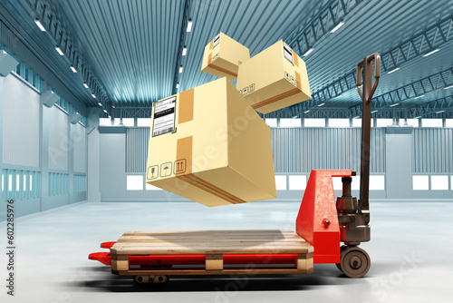 Courier boxes. Pallet jack. Flying parcels in warehouse. Fulfillment business. Spacious hangar with pallet jack. Empty industrial building. Pallet jack under take-off boxes. 3d image