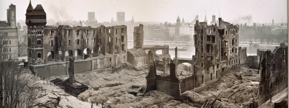 Obraz premium Apocalyptic view of destroyed world, post apocalypse after world war, Generative AI.