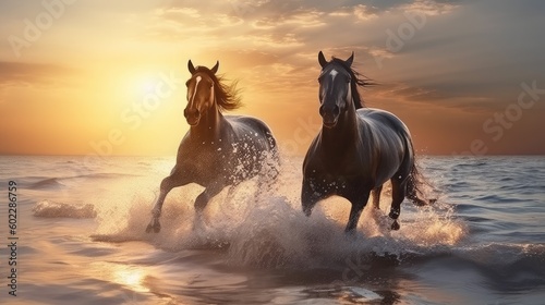 Two horses running along coast sunset background, beautiful horses grace of horsepower on seashore beach, powerfully broodmare horses running along sea beach, generative AI