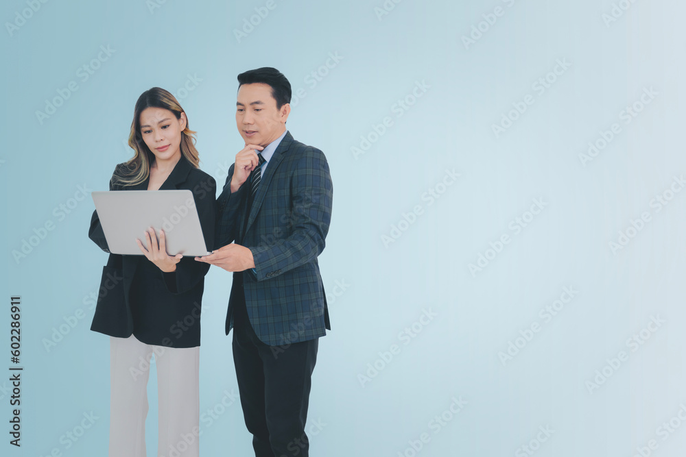 Business people or colleague concept, Businessman and businesswoman using computer laptop or digital tablet working together isolate from background Business people or colleague concept, Businessman and businesswoman using computer laptop or digital tablet working together isolate from background
