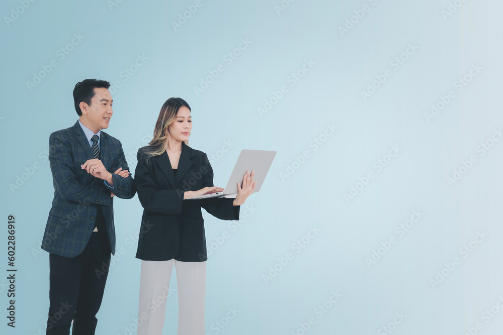 Business people or colleague concept, Businessman and businesswoman using computer laptop or digital tablet working together isolate from background Business people or colleague concept, Businessman and businesswoman using computer laptop or digital tablet working together isolate from background