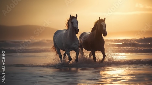 Two horses running along coast sunset background, beautiful horses grace of horsepower on seashore beach, powerfully broodmare horses running along sea beach, generative AI