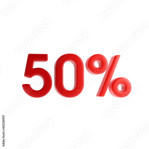 50 percent. Red fifty percent sign isolated on a white background. 3d rendering.