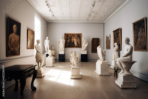 Greek art gallery with paintings and sculptures in lux Cycladic interior. Generative AI photo