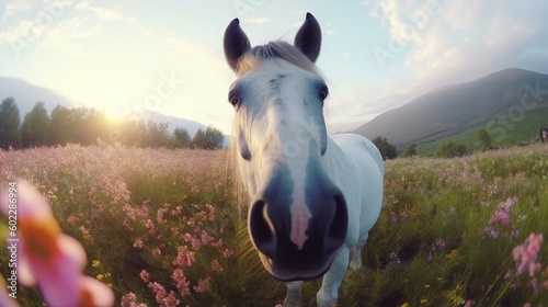 Close up horse face graze on mountains flowers fields sunlight background, funny horse face look at camera among blooming meadow, broodmare wild horse in hills, wide angle generative AI photo