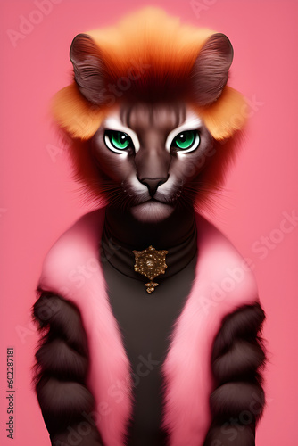 Elegant panter wearing colorful clothes on a pink background, generative ai
