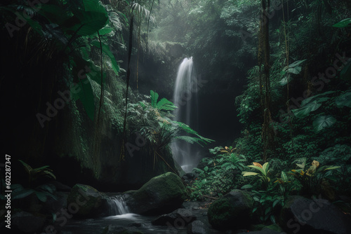 Bali waterfalls  botanical maximalism  covered in lush  atmospheric mood.. Generative AI