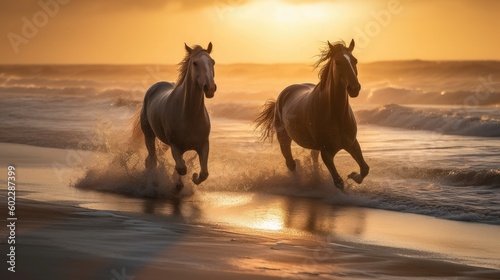 Two horses running along coast sunset background, beautiful horses grace of horsepower on seashore beach, powerfully broodmare horses running along sea beach, generative AI photo