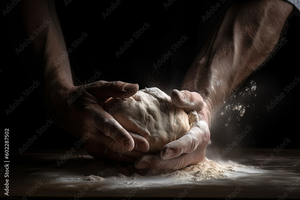Hands kneading dough on dark background. Rustic kitchen a chef prepares bread or pizza. Flour dusts the wooden table. Homemade , organic nature of the meal. A beautiful culinary journey. Generative AI