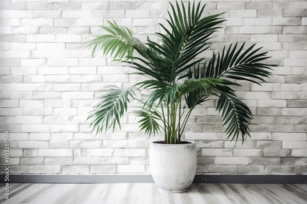 Urban Oasis: Serene Stock Photo of Potted Green Palm Leaf on a White Brick Wall, Bringing Natural Beauty to Interior Spaces