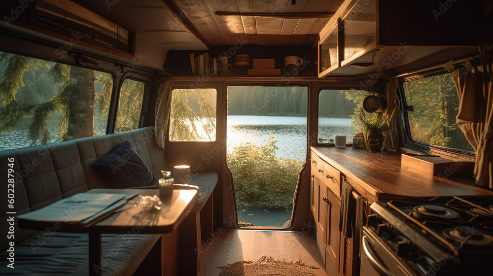 Fototapeta premium A cozy interior shot of a converted camper van parked by a peaceful lake. Generative AI
