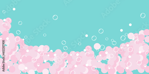 A pile of foam on a blue background. Website template, banner, foam party flyer. Aqua park, swimming pool. Horizontal vector illustration.