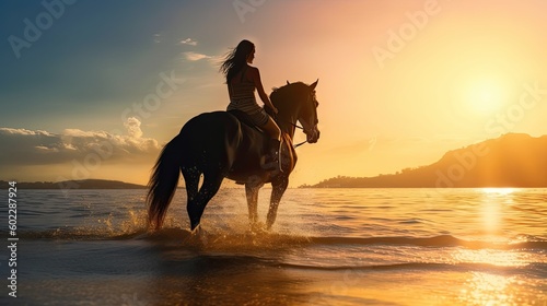 Silhouette of woman riding on horse running along coast sunset background, beautiful female silhouette on horseback on seashore beach, powerfully broodmare horse running along sea beach, generative AI