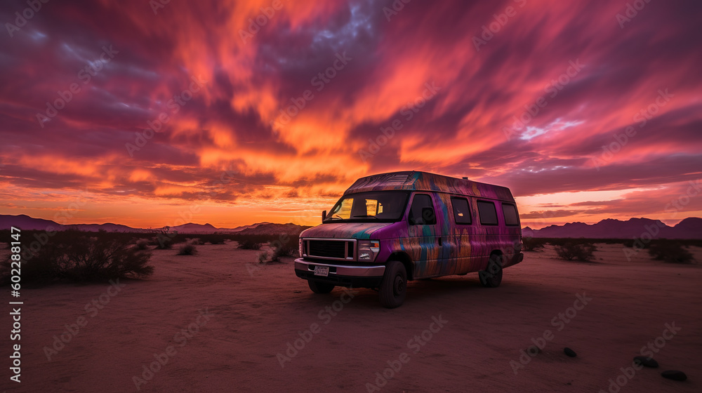 A van parked in front of a colourful sunset in a desert landscape at vibrant pink sunset.. Generative AI