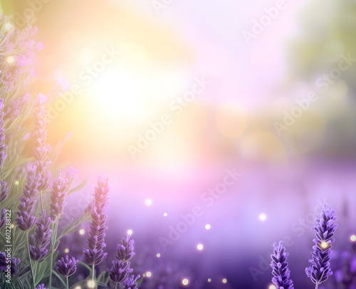 A field of lavender with a blurred background. Lavender flowers at sunlight in a soft focus, pastel colors and blur background. Generative AI